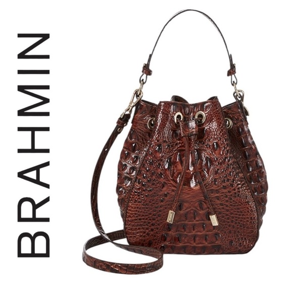 Brahmin Melinda Leather Croc-Embossed Crossbody Bucket Bag Pecan Melbourne NWT - Picture 1 of 15